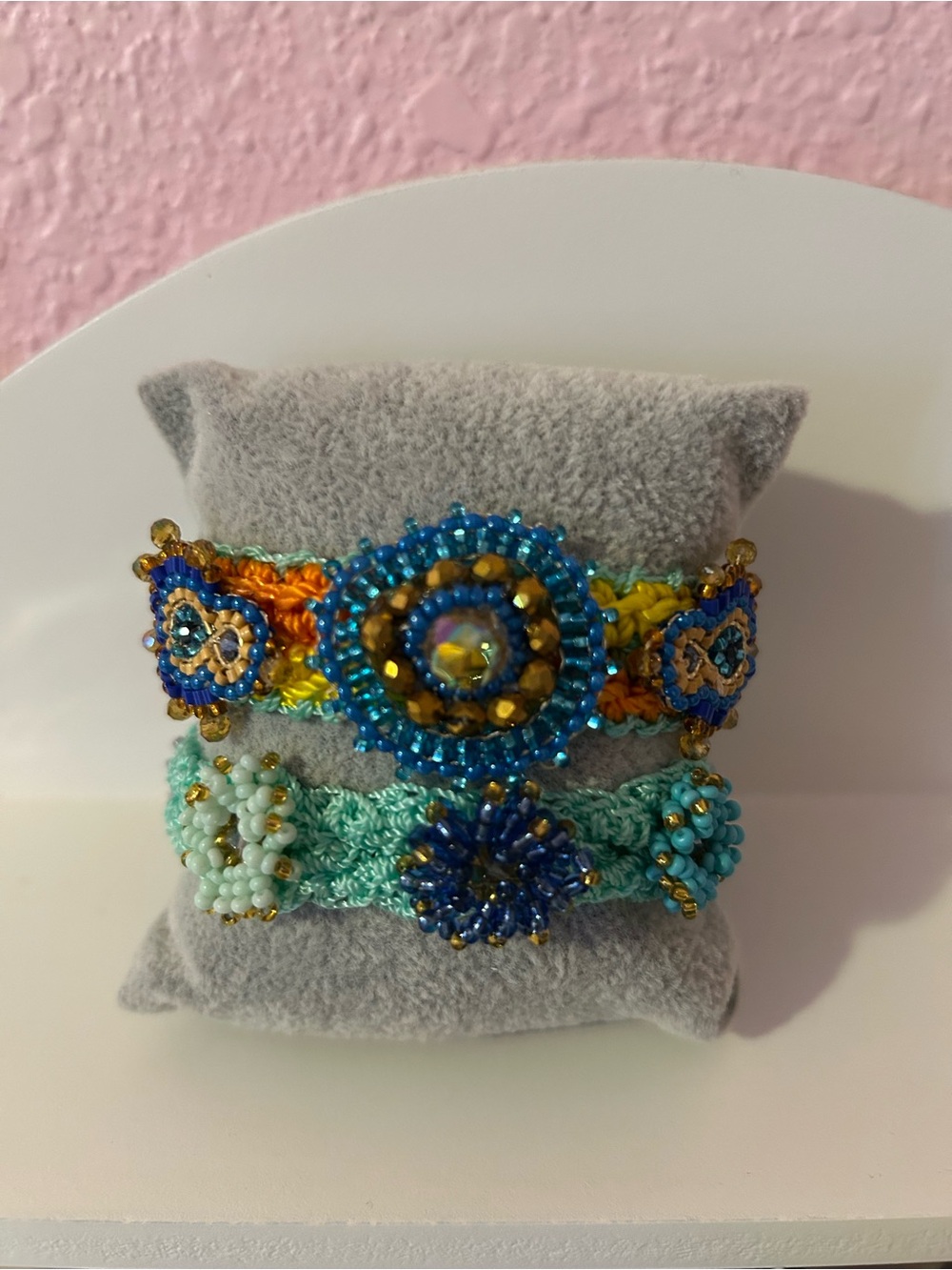 Handmade  Crochet and Beaded Multicolor Bracelet Set - Blue & Turquoise